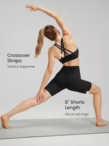 GLOWMODE Áo ngực thể thao FeatherFit™ & Bộ quần đùi 8'' Áo ngực quây sau lưng có túi hông cao Quần short dành cho người đi xe đạp Quần short tác động thấp Yoga Chạy bộ hàng ngày Tập thể dục mùa hè - màu đen - Xem 3