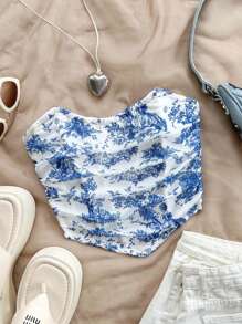 Soleia WYWH Women's Vacation Fishbone Blue & White Floral Printed Bandeau Top