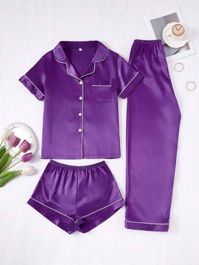 LuxeNights 3pcs Women's Contrast Trim Solid Color Satin Lapel Pajamas Set