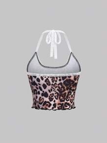 Flirla Camiseta sin tirantes con abertura en el cuello, estampado de leopardo, parche y volantes en el bajo para mujer