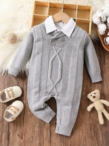 男婴厚针织提花翻领半拉链连体衣，秋冬季保暖连体裤，优雅复古纯色休闲绅士风格，适合日常穿着、外出、旅行、度假、居家、日托、学校