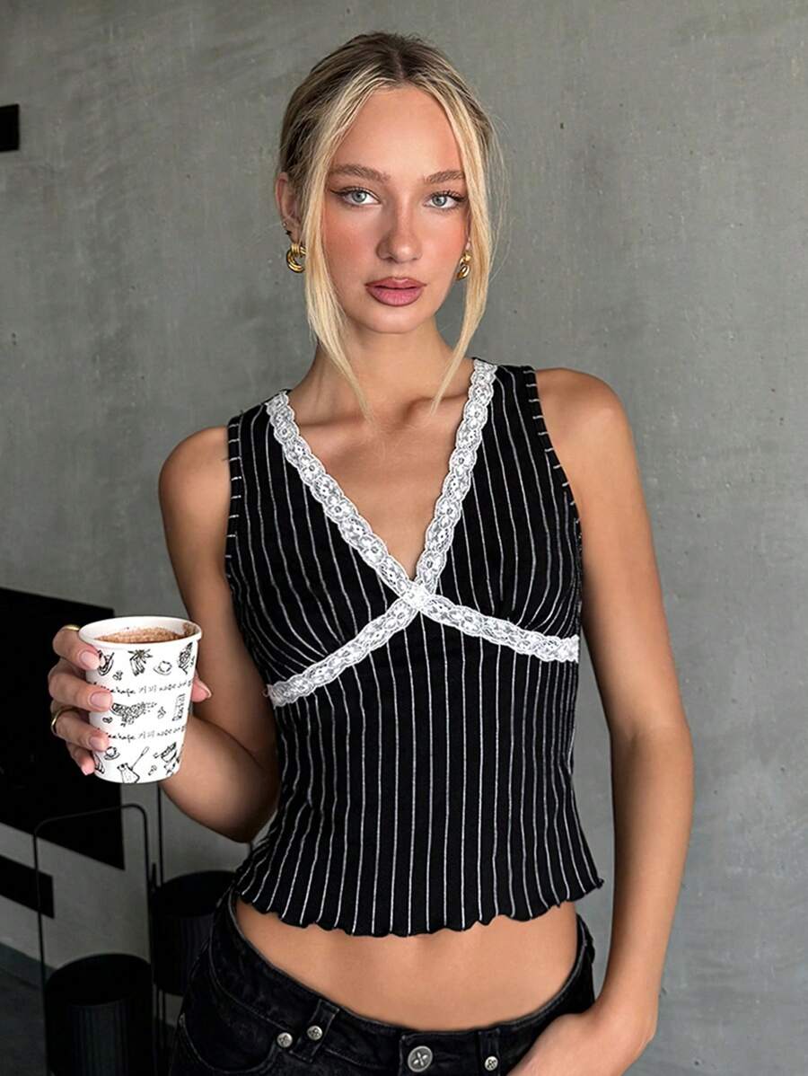 SHEIN EZwear 女士黑色条纹蕾丝拼布针织吊带背心 - 黑與白 - 查看 1