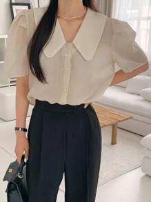 DAZY Women's Solid Color Puff Sleeve Cute Peter Pan Collar T-Shirt, Summer Sheer