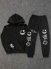 Manfinity EMRG Men's Cartoon Graphic Long Sleeve Hoodie And Drawstring Jogger Pants Set With Pockets, Casual Going Out Track Suit