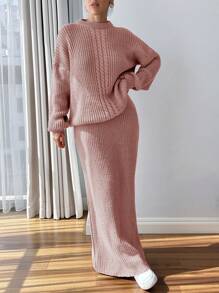 EURMUSE Women  Cable Knit Detailed Sweater & Skirts Set - Brown - View 6