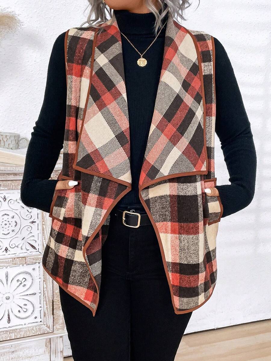 Plus Size Women Plaid Print Asymmetric Hem Pockets Sleeveless Coat, Fall Clothes