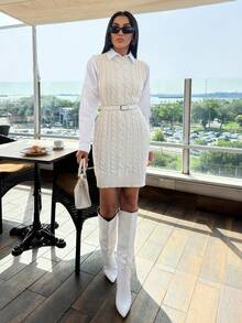 EURMUSE Cable Knit Sleeveless Round Neck Sweater Dress - Beige - View 4