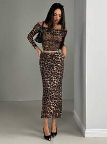 GENKIRA 2件套女士优雅豹纹露肩性感系腰露脐上衣和褶皱紧身裙套装，秋季女装 - 彩色 - 查看 1