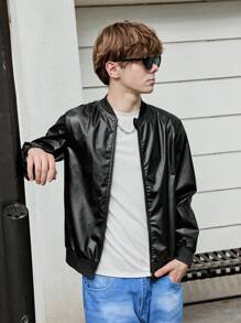 Teen Boys' Solid Color Simple Casual PU Leather Jacket - Black - View 5