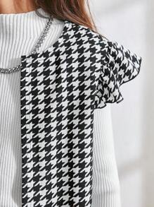 Tween Girls' Casual Houndstooth Print Puff Sleeve Round Neck Mid-Length Jacket