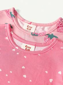 Cozy Pixies 4 件套女婴草莓图案贴身睡衣，长袖圆领上衣和短袖心形图案上衣和长裤 - 淺粉色 - 查看 17