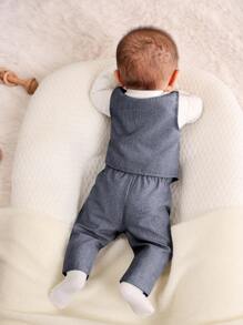 SHEIN 3件套新生儿男宝宝领结连体衣、背心和裤子薄款套装 - 灰色 - 查看 2