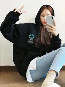 DAZY Women's String Drawstring Letter Print Oversized Hoodie, Casual Everyday Wear,Fall Women Clothes Sweatshirt - Black - View 8