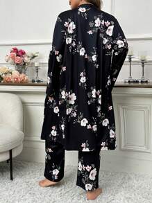 SHEIN Plus Size Floral All-Over Print Cami Top, Long Sleeve Robe And Pants 3pcs Set, Clothes, Cozy Outfit, Fall & Winter - Black - View 2