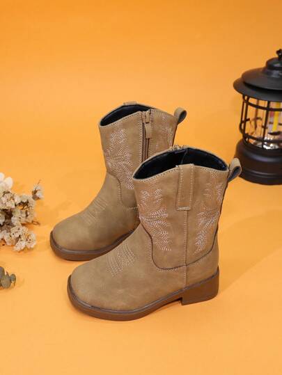 Kid's Embroidered High/Mid-Calf Cowboy Boots, Girls' Color Block Square Toe Side Zip High Heels