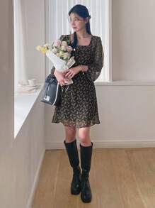 DAZY Váy hoa nhỏ buộc nơ phía trước ngắn cho nữ, màu đen, váy suông mùa xuân và mùa hè - màu đen - Xem 8