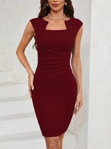 SHEIN Clasi Women's Solid Color V-Neck Ruched Bodycon Dress - Burgundy - View 2