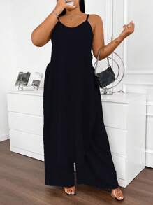 SHEIN LUNE Plus Size Solid Color Backless Camisole And Pants Summer Sexy 2pcs Set - Navy Blue - View 4