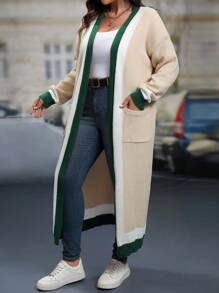 EMERY ROSE Plus Size Women's Colorblock Long Sleeve Pocket Casual Long Cardigan, Fall/Winter , Color Block
