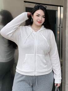 Dazy Plus 大码拉链柔软纯色合身连帽口袋长袖运动衫 - 白色 - 查看 4