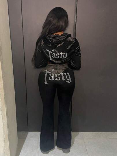 Slaydiva Autumn And Winter Casual Simple Hooded Truncated Long-Sleeved Normal Shoulder Zipper Cardigan Micro-Flared Trousers Logo Slogan Hot Diamond Rhinestone Black Velvet Women's Two-Piece Set-E