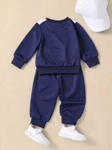SHEIN 男婴休闲拼色字母印花卫衣套装，秋冬 - 藏蓝色 - 查看 2