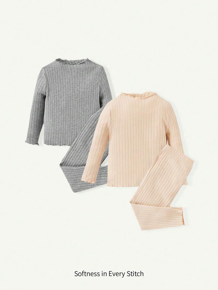 Cozy Pixies 2pcs Baby Girl Solid Color Ruffle Collar Long Sleeve Top And Leggings Set - Light Grey - View 1
