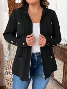 Plus Size Women's Spring & Autumn Solid Color Zip Front Long Sleeve Casual Jacket Fall Winter Cloth For Women - Black - View 5