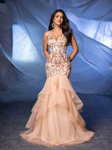 Glamrae 优雅奢华香槟色定位亮片 V 领高腰紧身后下摆马尾夸张网眼蓬松连衣裙约会单身派对返校季婚礼活动重型晚宴舞会礼服正式晚间婚礼宾客礼服，适合毕业典礼 - 香檳色 - 查看 4