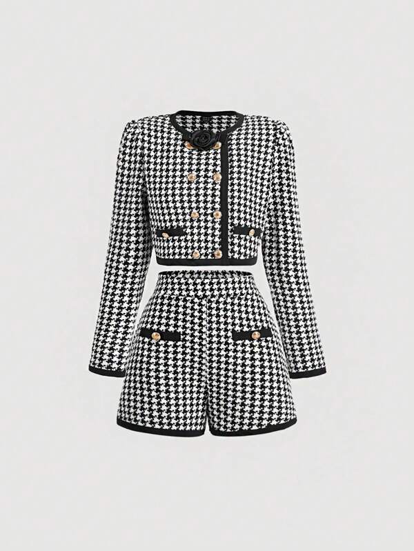 SHEIN MOD Retro Black & White Checkered Color Block Blazer And Shorts 2pcs Set,Plaid,Back To School Clothes,Winter Coat,Old Money Style