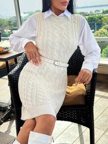 EURMUSE Cable Knit Sleeveless Round Neck Sweater Dress - Beige - View 1