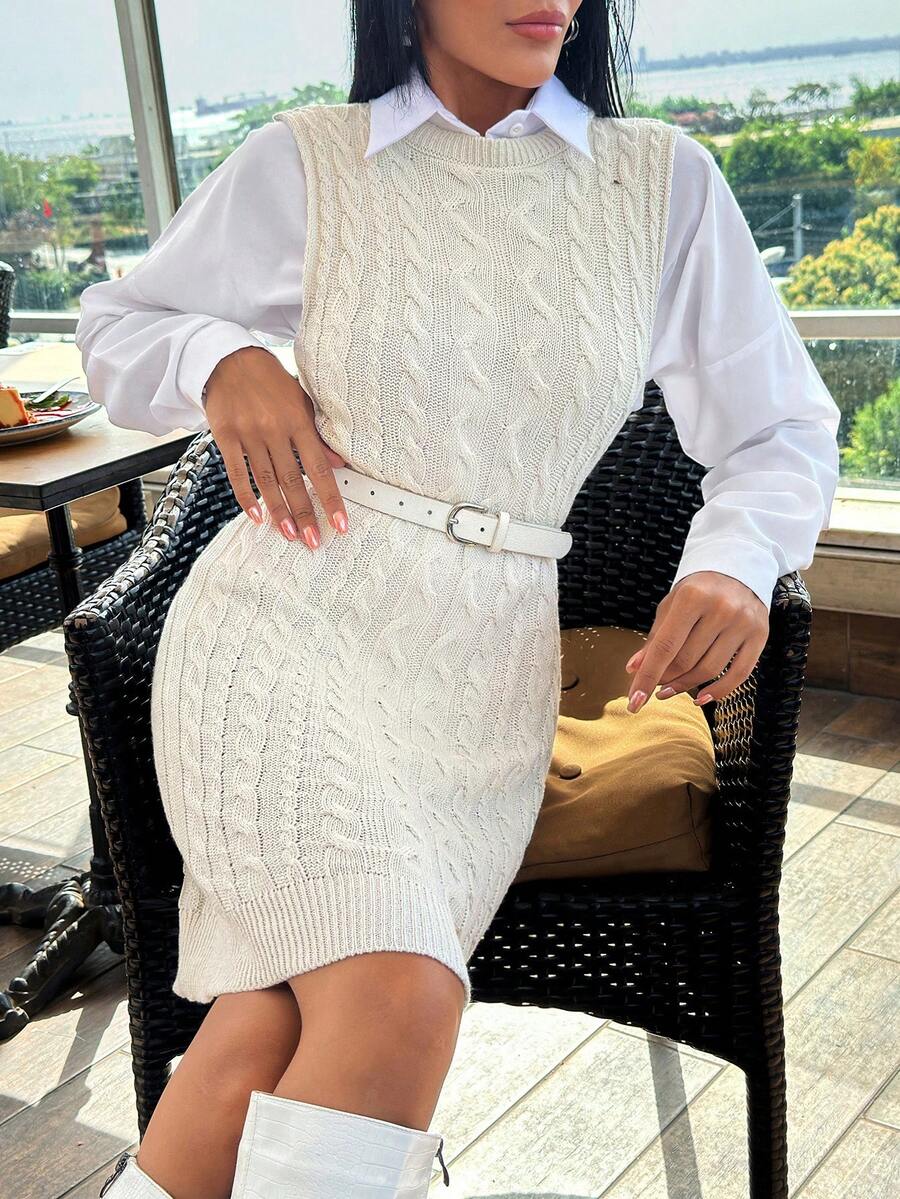EURMUSE Cable Knit Sleeveless Round Neck Sweater Dress - Beige - View 1