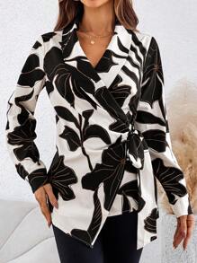 SHEIN Clasi Women's Floral Print Wrap Long Sleeve Loose Blouse For Vacation Fall Clothes - Beige - View 5