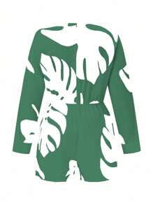 Maweii Plus Size V-Neck All-Over Print Long Sleeve Jumpsuit For Summer - Green - View 2