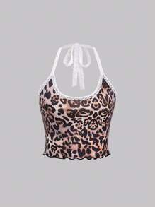Flirla Camiseta sin tirantes con abertura en el cuello, estampado de leopardo, parche y volantes en el bajo para mujer