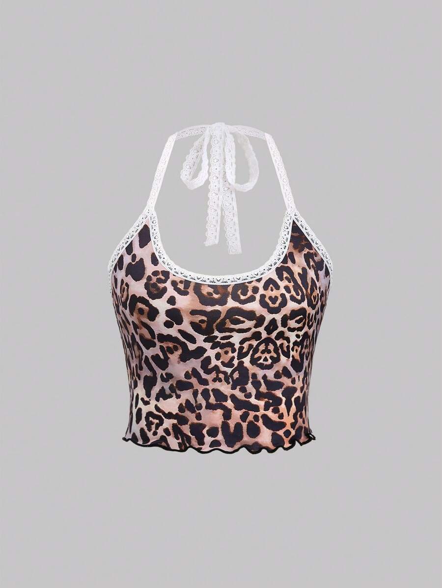 SHEIN Unity 女士后颈系带豹纹拼布荷叶边下摆吊带背心