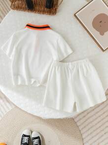 2pcs/Set Young Boy's Graphic Short Sleeve Polo Shirt And Shorts Set - White - View 3