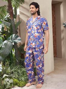 Manfinity ChillVibe Men's Floral Print Lapel Neck Short Sleeve Button-Up Shirt And Pants Home Outfit