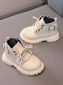 1 双时尚儿童靴，适合幼儿女孩/男孩，休闲系带圆头平底踝靴，适合秋冬季 - 米色 - 查看 7