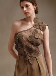 Anewsta Chaleco sin mangas informal con flores 3D de ganchillo para mujeres