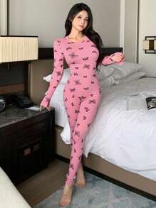 DAZY Butterfly Print Slim Fit Long Sleeve Pajama Set - Pink - View 5