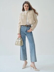 Enchnt 女士秋冬拼布缎带口袋长袖前开短款优雅夹克 - 卡其色 - 查看 3