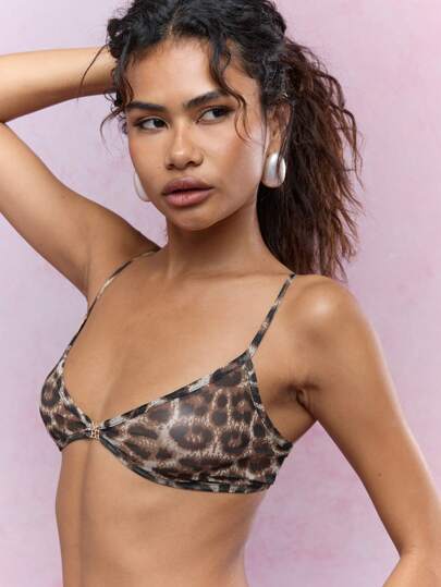 MISSGUIDED Metal Logo Clasp Sheer Leopard Print Cami Bra Top