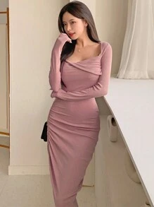 DAZY Đầm ngắn tay dài xếp ly cổ vuông màu trơn dành cho nữ, đầm thu - Hồng - Xem 8