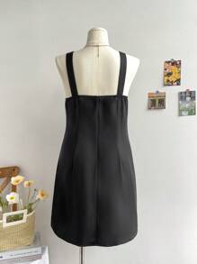 SHEIN Privé 大码女式夏季休闲蕾丝拼布吊带连衣裙 - 黑色 - 查看 2