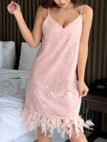 DAZY Sequin Hem Fluffy Spaghetti Strap Nightgown - Pink - View 7