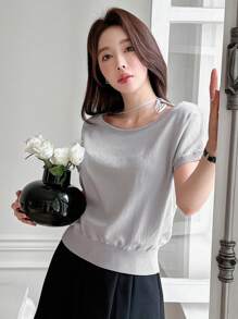 DAZY 女士纯色短袖毛衣，春夏 - 淺灰色 - 查看 4