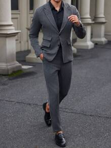 Manfinity Mode Men's Striped Lapel Suit Jacket And Pants Set - Grey - View 6