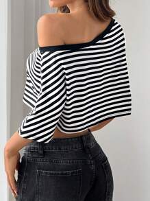 SHEIN EZwear Women's Asymmetrical Neck Striped Casual Elegant Charming Loose Fit T-Shirt