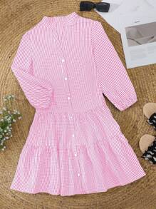 Breezaya Women's Summer Plaid Printed Notched V-Neck Lantern Sleeve Ruffled Hem Cute Doll Dress Fall Cloth For Women - Baby Pink - View 1